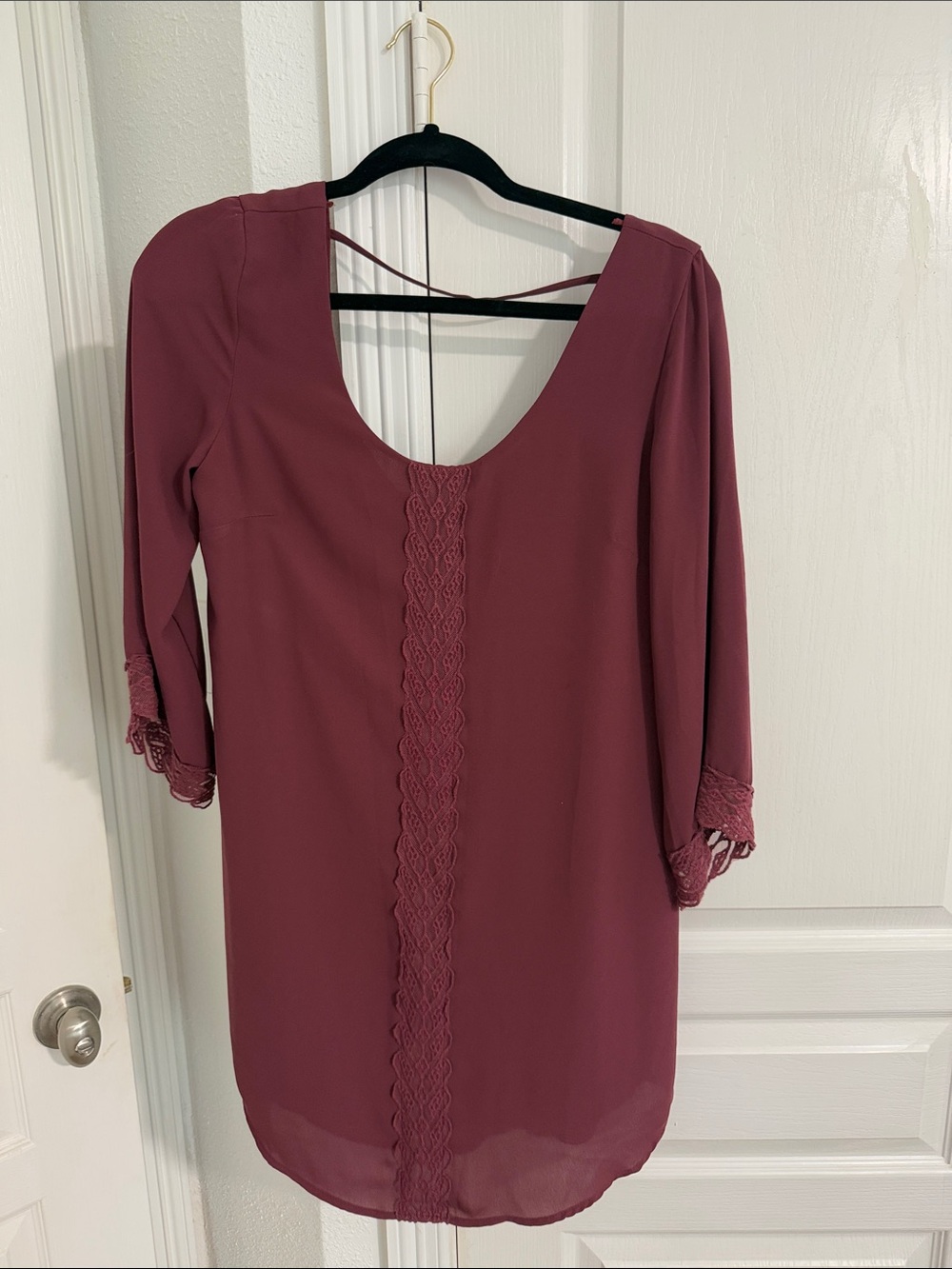 Astr Plum Long Sleeve Lace-Trim Shift Dress